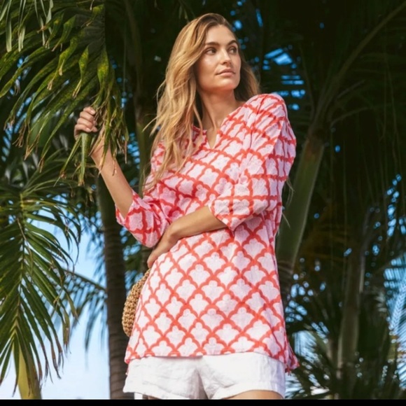 Roller Rabbit Jemina Kurta red and pink print 3/4 length sleeve tunic top. Small - Picture 1 of 7